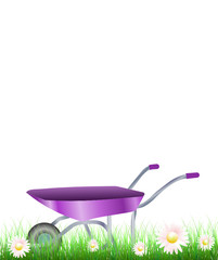 Schubkarre im Garten mit Gänseblümchen