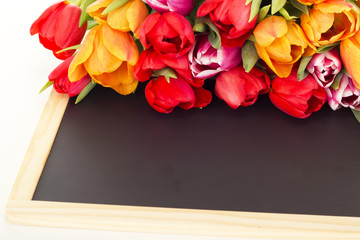 Bunch of tulips with blackboard