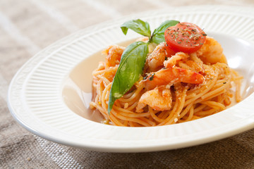 Pasta with shrimps and tomato sauce