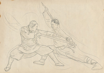 Fototapeta na wymiar Kung Fu, Chińska sztuka walki. / / / Ręcznie rysowane ilustracji