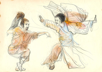 Fototapeta na wymiar Kung Fu, Chińska sztuka walki. / / / Ręcznie rysowane ilustracji