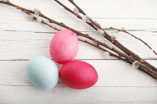 Close-up Of Colorful Easter Eggs With Catkin