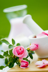 Rose petals in a mortar, healthy cosmetics concept