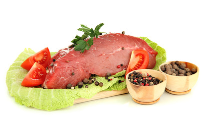 Raw beef meat marinated with herbs and spices isolated on white