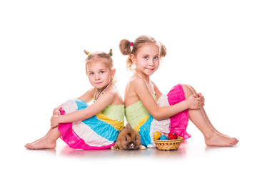 Two happy kids with easter bunny and eggs. Happy Easter