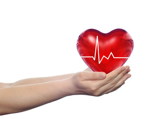 Conceptual 3D red heart held in human hands isolated on white