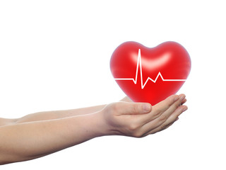 Conceptual 3D red heart held in human hands isolated on white