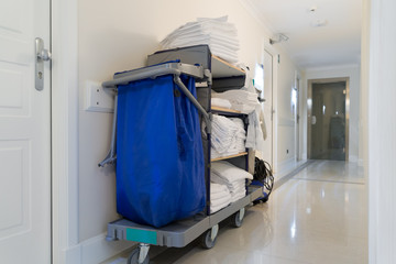 janitorial housekeeping cart in white hotel