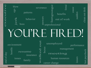 You're Fired Word Cloud Concept on a Blackboard