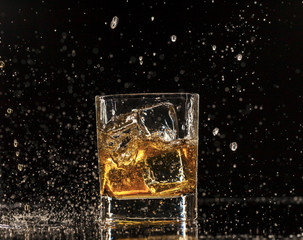 Whiskey splashing around glass, isolated on black background