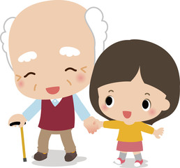 散歩するおじいさんと小さい女の子