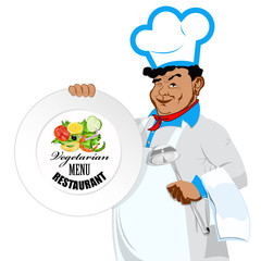 Chef with menu for vegetarian. Menu cafe