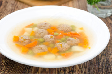 vegetable soup with chicken meatballs, horizontal