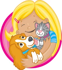 Photo sur Plexiglas Chats Fille heureuse tenant un chiot et un chaton mignons