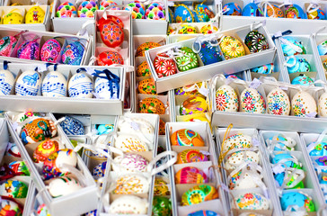 Handcrafted and hand-painted Easter eggs ready to be sold at an Easter market 