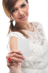 Beautiful woman presenting a business card
