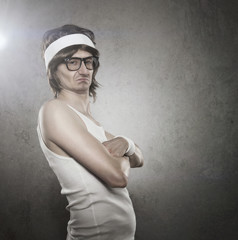 Funny retro sport nerd with serious face expression