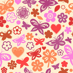 Colorful floral seamless pattern with hearts and hearts, vector