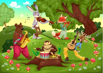 Gordijnen Muzikanten dieren in het bos. © ddraw