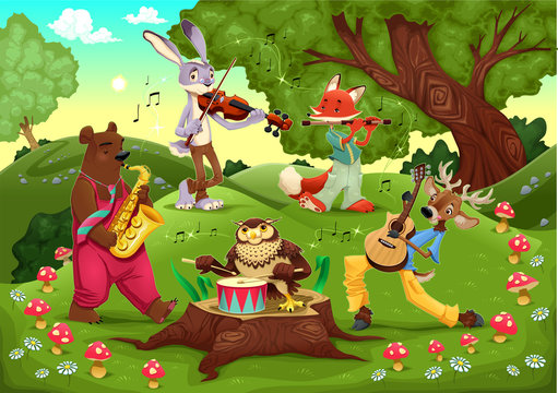 Musicians animals in the wood.