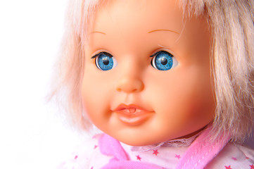 closeup of a doll's face against white background