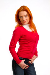 Obraz premium beautiful red-haired girl in a pink jacket