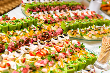 Trays with various delicious appetizer