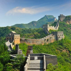 Papier peint photo autocollant rond Mur chinois Grande Muraille de Chine en été avec beau ciel