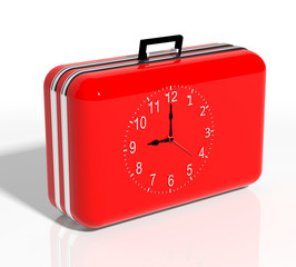 Vacation time. Red travel suitcase with clock