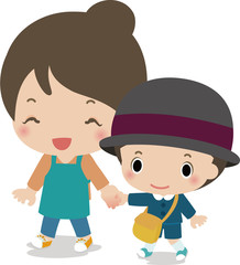 歩いている幼稚園の男の子とお母さん
