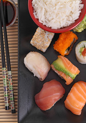 sushi, rice and soy sauce