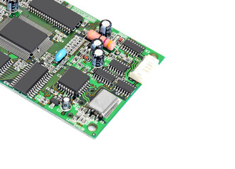 Close up of a printed green computer circuit board