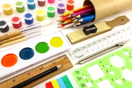 Vividly colorful art supplies and drafting implements
