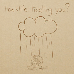 cartoon drawing of man sitting wet under the rain