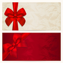 Gift Voucher (coupon or invitation) template. Red bow (ribbons)