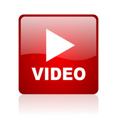 video red square glossy web icon on white background