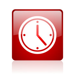 clock red square glossy web icon on white background