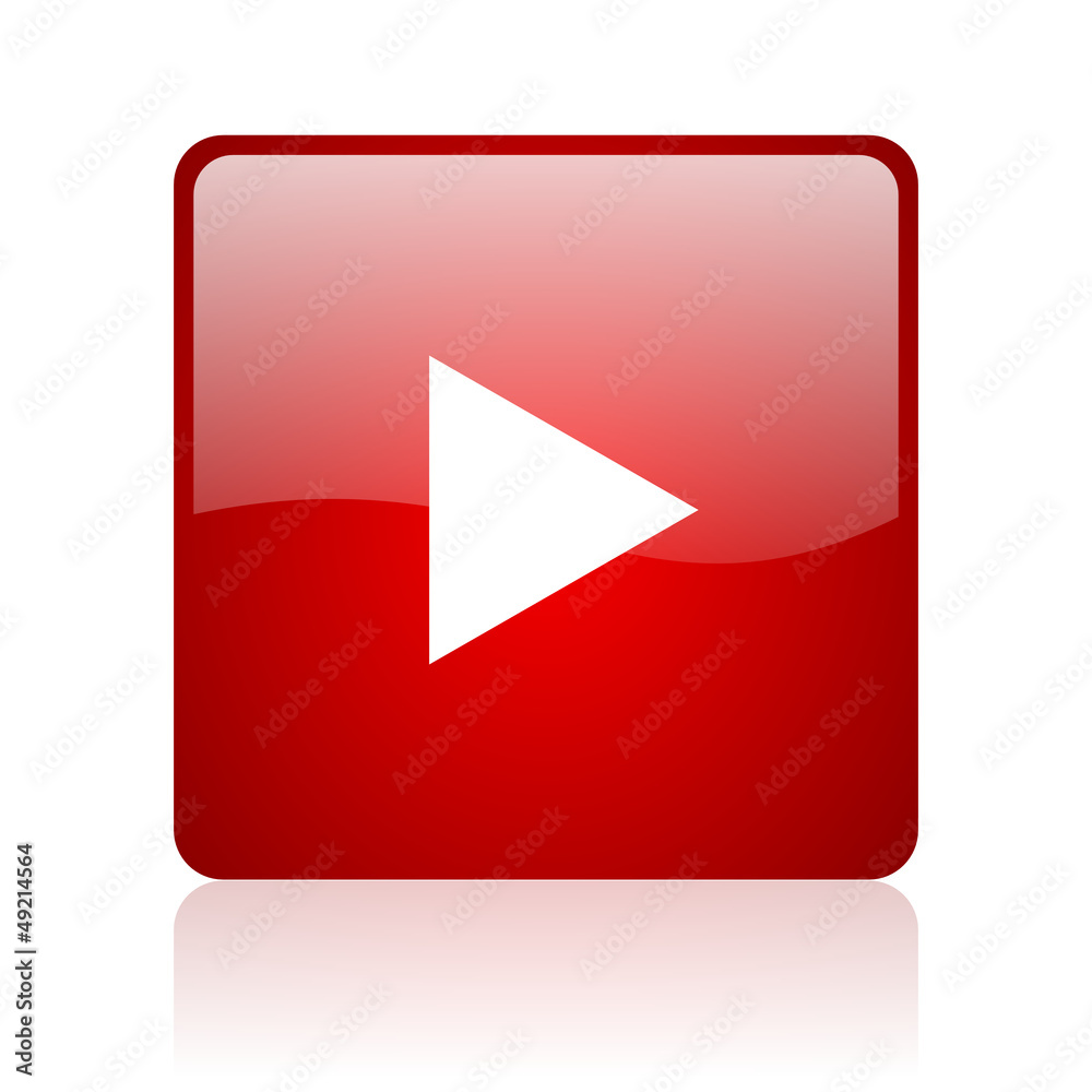 Poster play red square glossy web icon on white background