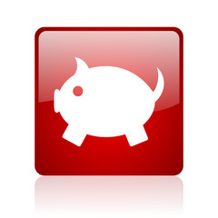 piggy bank red square glossy web icon on white background