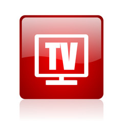 tv red square glossy web icon on white background