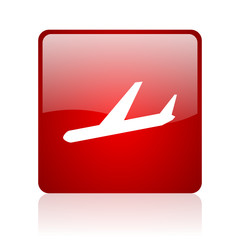 airplane red square glossy web icon on white background