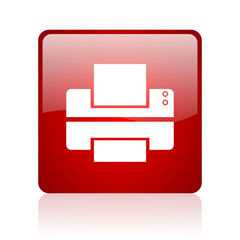 printer red square glossy web icon on white background