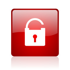 padlock red square glossy web icon on white background