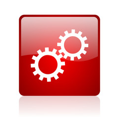 gears red square glossy web icon on white background