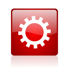 gears red square glossy web icon on white background