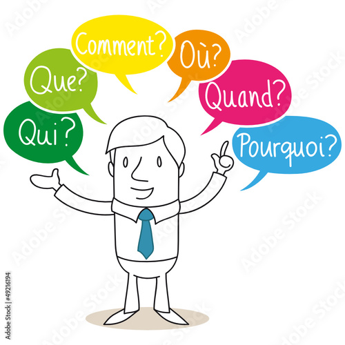 "Geschäftsmann, Qui, Que, Comment, Où, Quand, Pourquoi" Stockfotos und