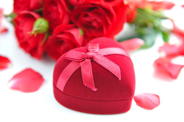 Heart-shaped Gift Box with Red roses on white background