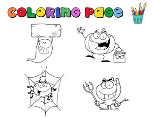 Digital Collage Of Halloween Character Coloring Page Outlines