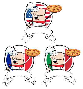 Cartoon Proud Chef Holds Up Pizza Collection