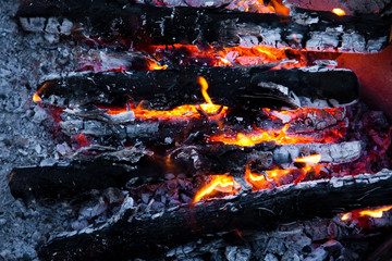 Burning wood and coal in fireplace.  Closeup of hot burning wood